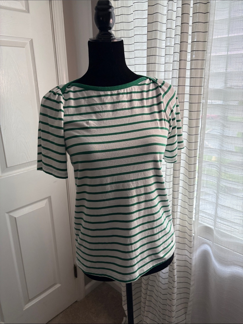LC Lauren Conrad White Tee with Green Stripes and Puff Sleeves